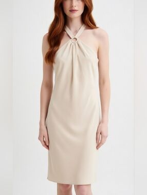 Vtg 90s Versailles Beige Halter Dress – Timeless Sophisticated Minimalist🩷🌴